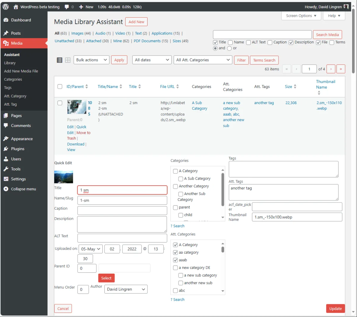 Media Library Assistant admin screen with the Media/Assistant table, Att. Categories and Att. Tags columns, a Quick Edit panel with Title, Slug, Caption, Description, ALT Text, Categories and Tags fields