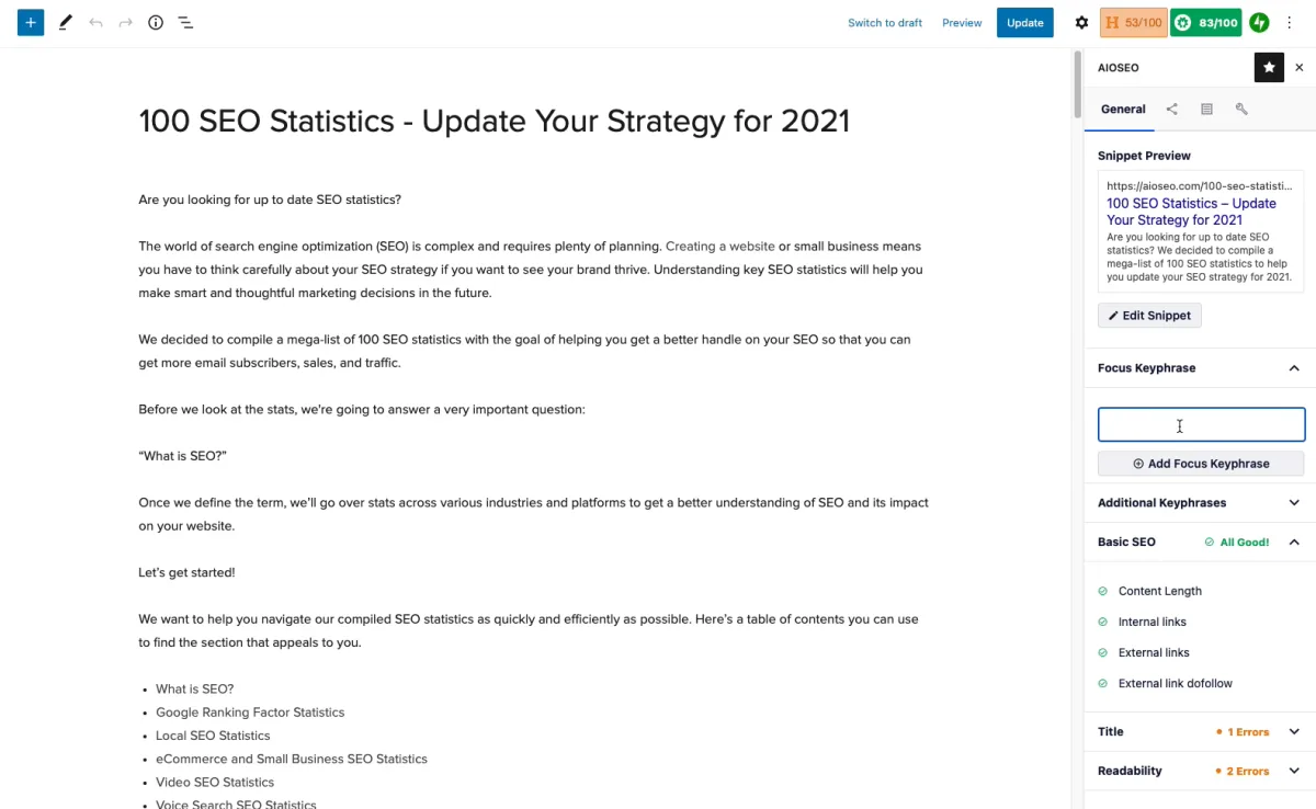 AIOSEO sidebar inside the WordPress block editor with snippet preview, focus keyphrase and Basic SEO check scores