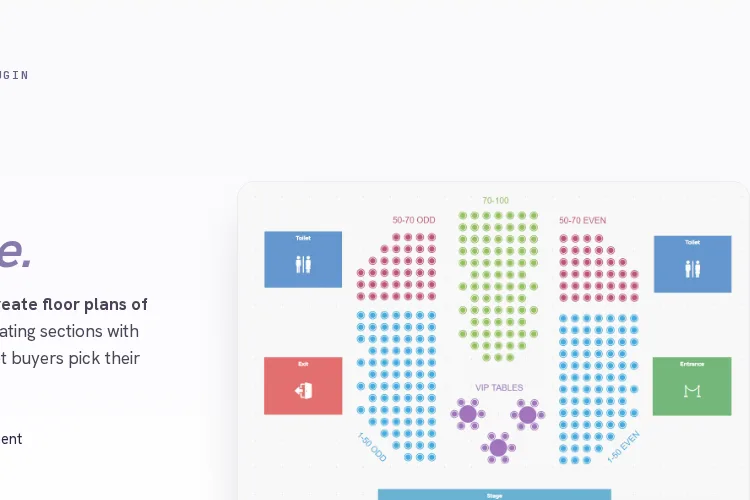 Tickera's seating chart graphic showing a colored floor-plan style seat map with a row and section legend