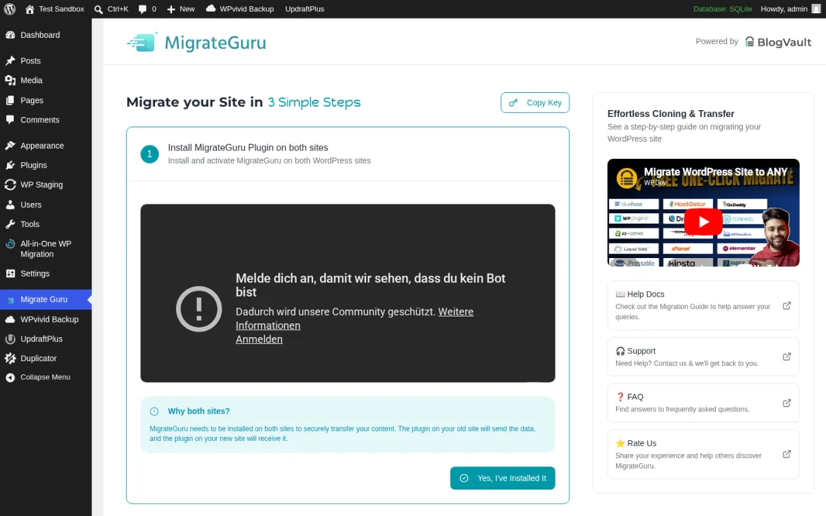 Migrate Guru by BlogVault setup screen inside a real WordPress install showing the Migrate your Site in 3 Simple Steps wizard header, the Copy Key button, Step 1 Install MigrateGuru Plugin on both sites with the Yes I have Installed It action, the Why both sites? explainer panel, and the right-hand Effortless Cloning Transfer card with Help Docs, Support, FAQ and Rate Us links plus the Powered by BlogVault tag