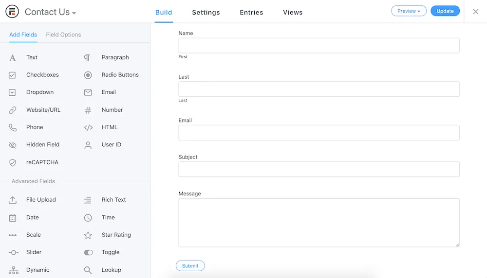 Formidable Forms Contact Us form builder with Add Fields and Field Options panels on the left and a live form preview with Name, Email, Subject and Message on the right