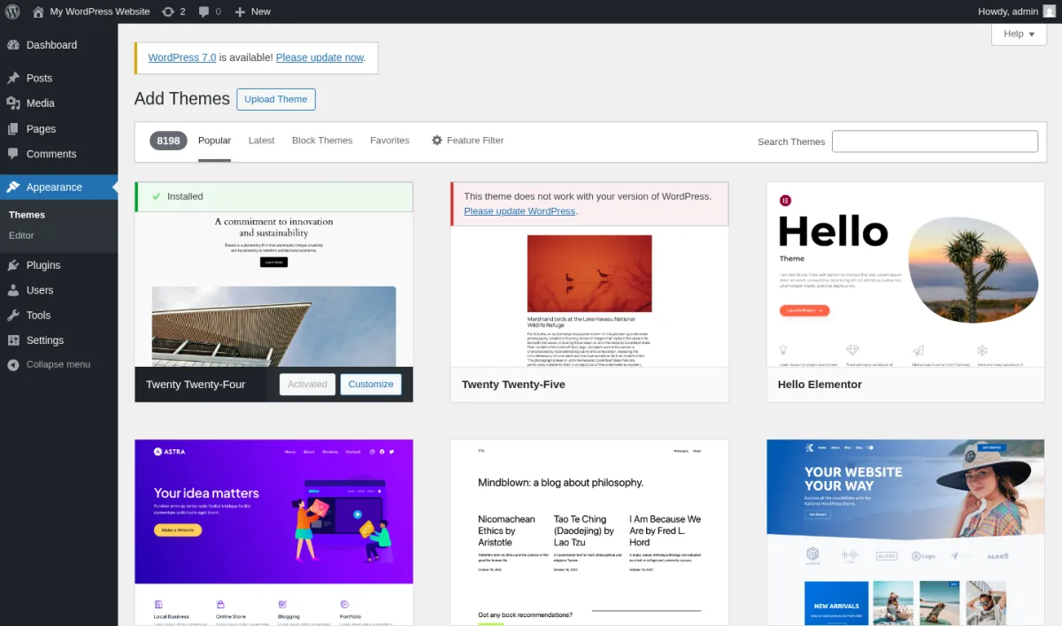 WordPress Add Themes screen showing the Popular tab with block theme tiles such as Twenty Twenty-Four, Twenty Twenty-Three, Twenty Twenty-Two, and Astra.