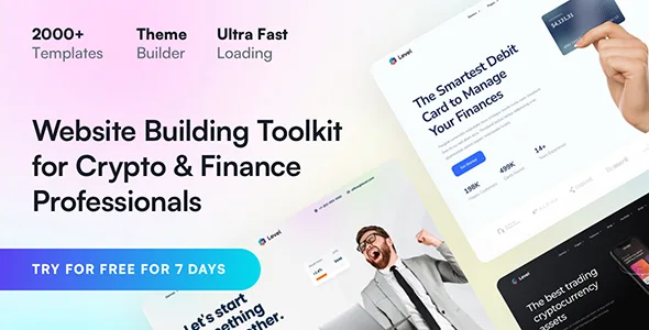Level WordPress theme preview banner showing 15+ fintech and crypto demos including ICO, crypto trading, wallet, and exchange templates