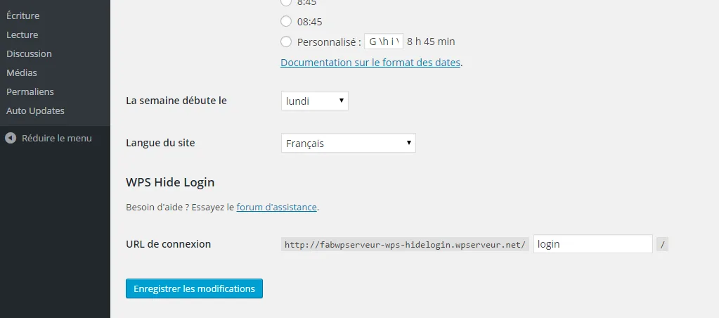 WPS Hide Login settings page showing the custom Login URL slug and the Redirection URL field.