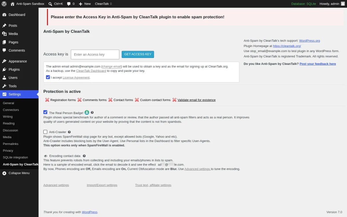 CleanTalk Anti-Spam 6.81 Settings page inside a real WordPress 7.0 install showing the orange Please enter the Access Key in Anti-Spam by CleanTalk plugin banner with WordPress.org and CleanTalk Dashboard links, the Access Key input field with Get Access Key Automatically button, the right sidebar (CleanTalk Dashboard, Premium WAF, Documentation, Feedback links), the Protection is active section with five check items (Registration forms, Comments form, Contact Forms, Custom contact forms, Update email for protection), the Real Person Badge encoding panel with Encoding contact data option, and the Advanced settings + Spam-FireWall settings links at the bottom.
