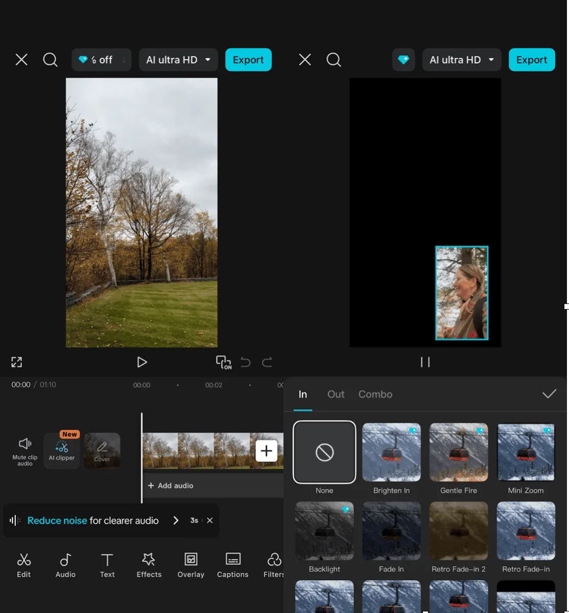 CapCut desktop editor UI with dual preview windows, a timeline thumbnail strip, audio noise-reduction controls, and an effects browser on the right
