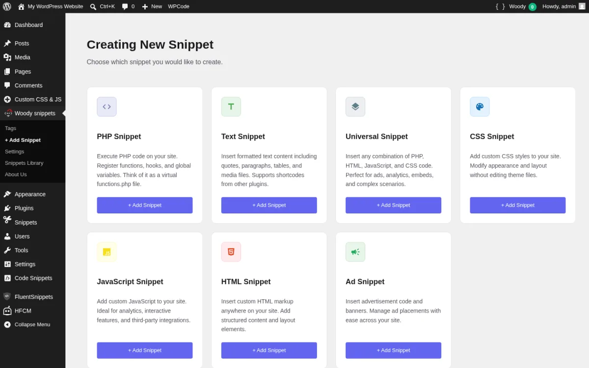 Woody Code Snippets 2.7.5 Creating New Snippet picker inside a real WordPress 7.0 sandbox, showing seven snippet-type cards (PHP Snippet, Text Snippet, Universal Snippet, CSS Snippet, JavaScript Snippet, HTML Snippet, Ad Snippet), each with a coloured icon and a short description, and the Woody snippets sidebar (Tags, + Add Snippet, Settings, Snippets Library, About Us).