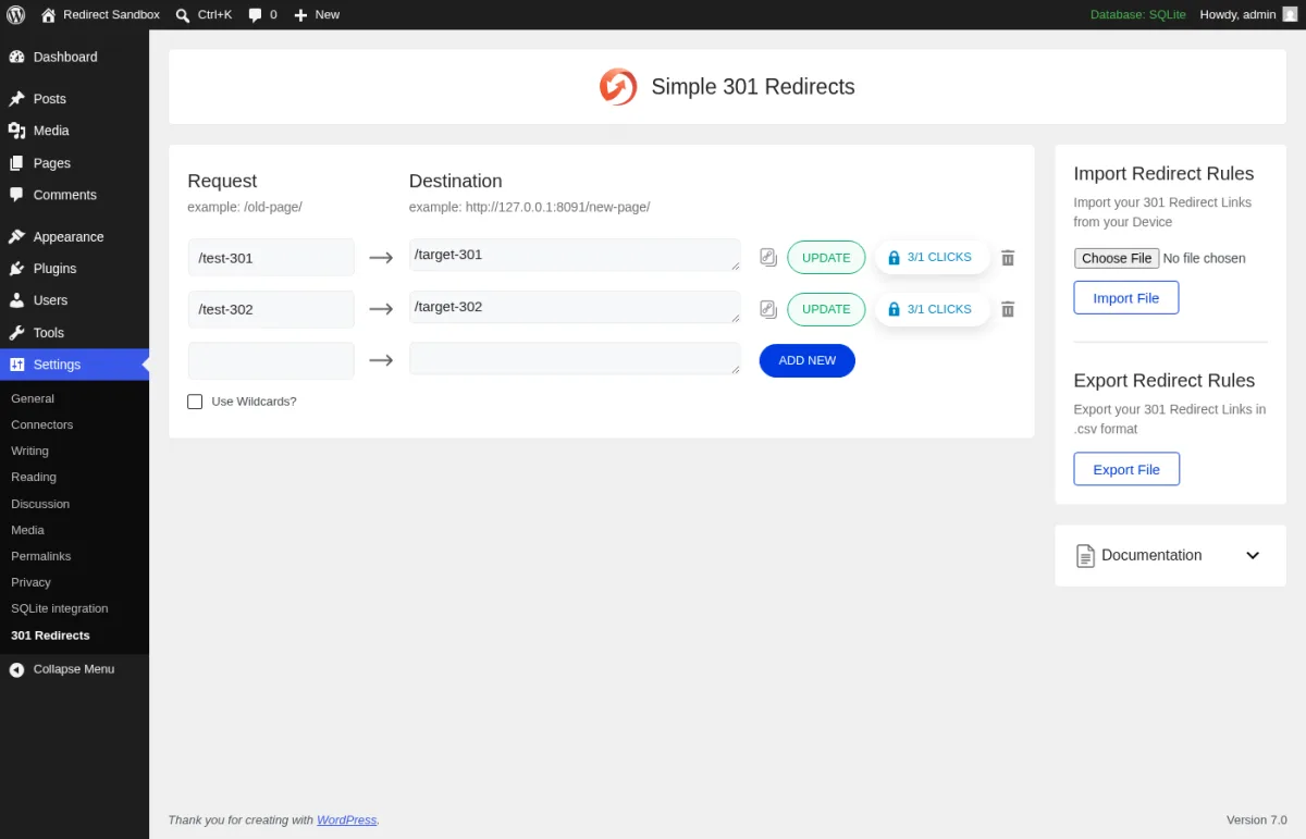 Simple 301 Redirects plugin settings page showing source and destination URL fields and the redirect list