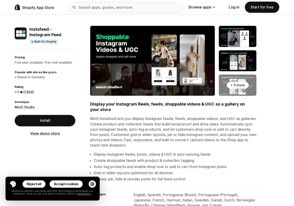 Instafeed by Mintt Studio Shopify App Store listing showing the app name, 4.9-star rating, and Instagram feed gallery screenshots