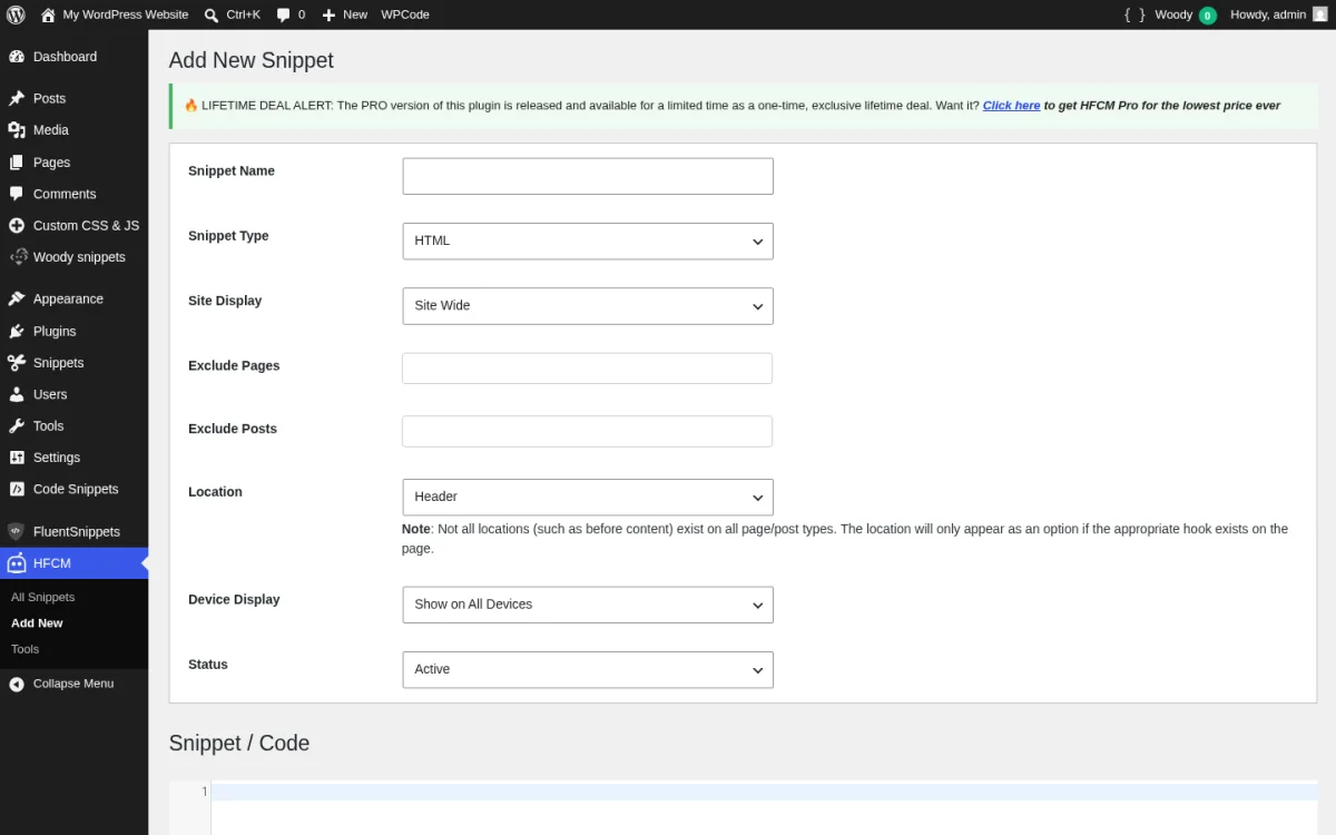 HFCM Add New Snippet screen with the Snippet Name input, the Site Display picker (Site Wide, Specific Posts, Specific Pages, Specific Categories, Specific Tags, Specific Custom Post Types, Latest Posts, Shortcode Only), the Location picker (Head, Footer, Top of Content, Bottom of Content), the Device picker (All Devices, Only Desktop, Only Mobile Devices), the Snippet Type radio group (HTML, CSS, JavaScript), and the snippet code textarea.
