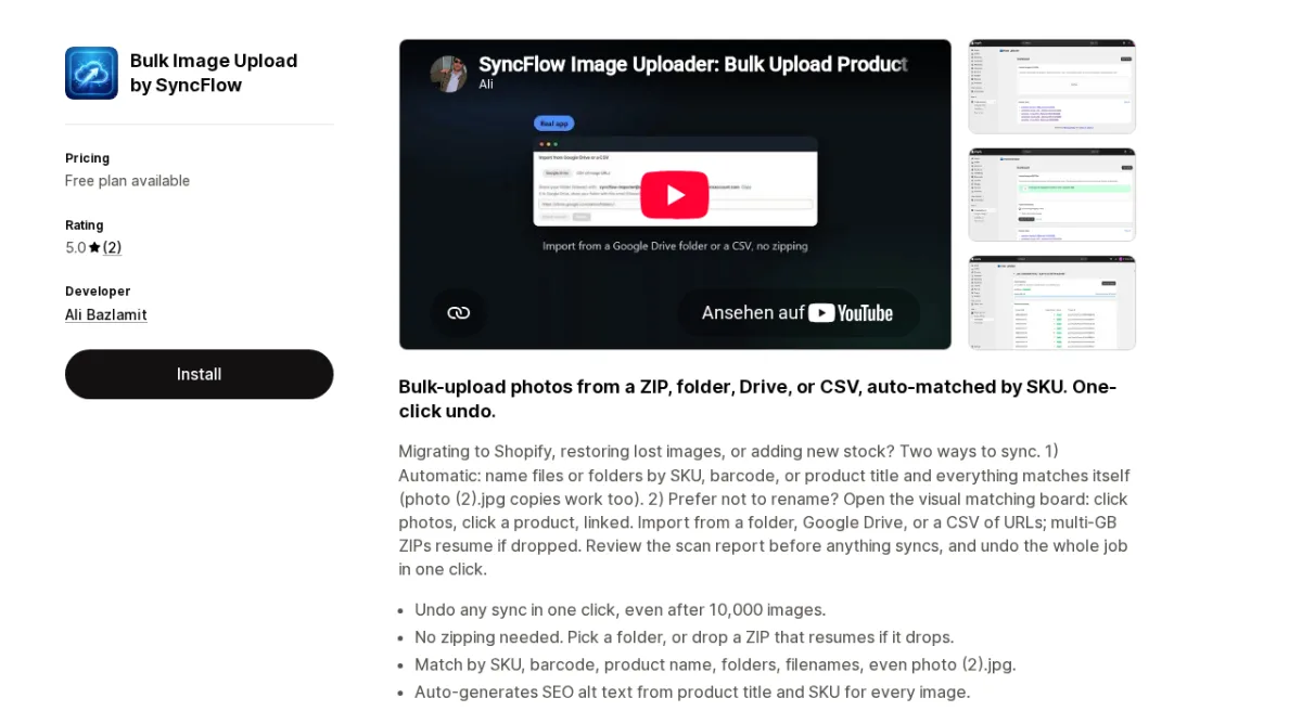 Bulk Image Upload by SyncFlow Shopify App Store listing