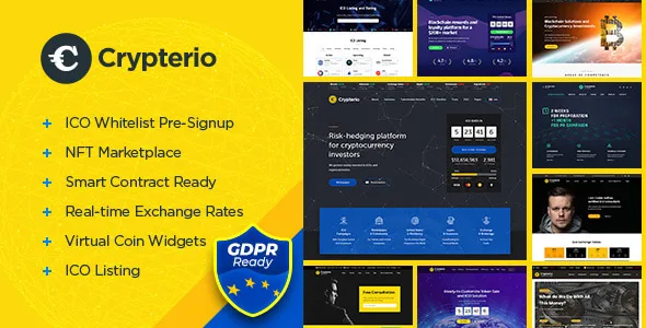 Crypterio WordPress theme preview banner highlighting ICO whitelist, NFT marketplace, smart contract, and crypto exchange features
