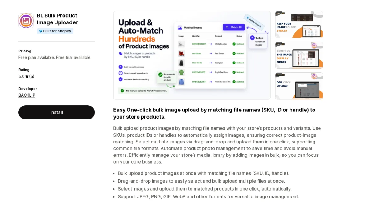 BL Bulk Product Image Uploader Shopify App Store listing