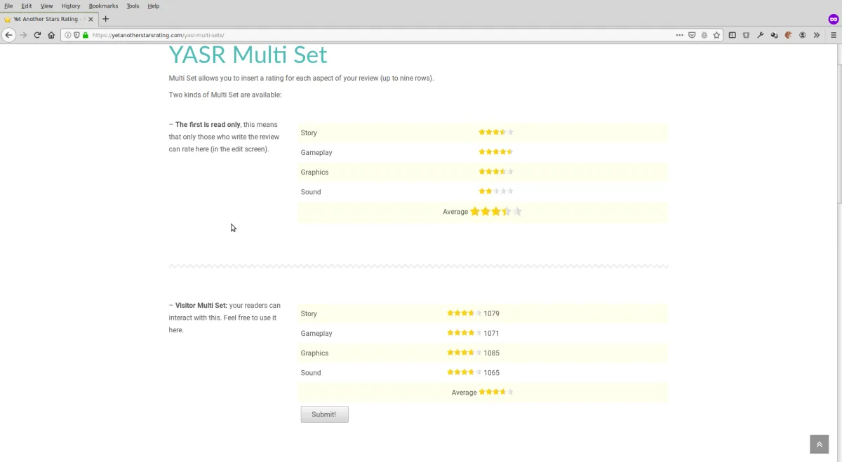YASR multi-set rating widget from the official YASR demo site showing both a read-only author rating table and a visitor-interactive version, each with Story, Gameplay, Graphics, and Sound rows rated individually with star icons and an Average score row at the bottom