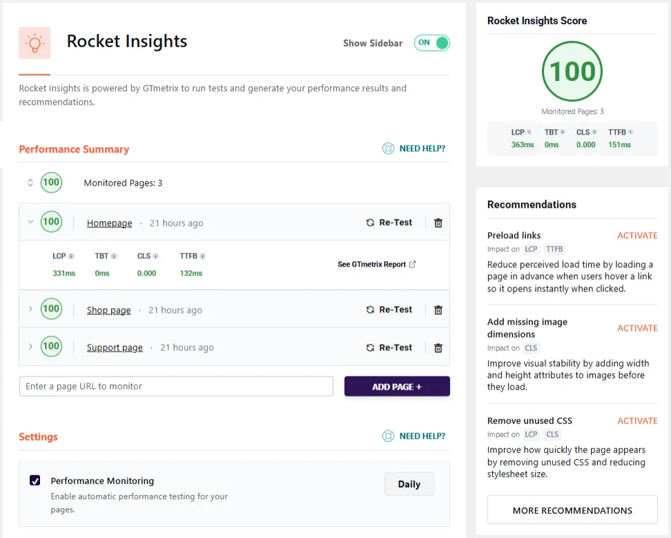 WP Rocket Rocket Insights dashboard inside the WordPress admin showing Performance Summary with a 100/100 score for Homepage, Shop page and Support page, LCP 331 ms, TBT 0 ms, CLS 0.000, TTFB 132 ms metrics, a Rocket Insights Score card with 100 and 3 monitored pages, and a Recommendations sidebar listing Preload links, Add missing image dimensions and Remove unused CSS with Activate buttons.
