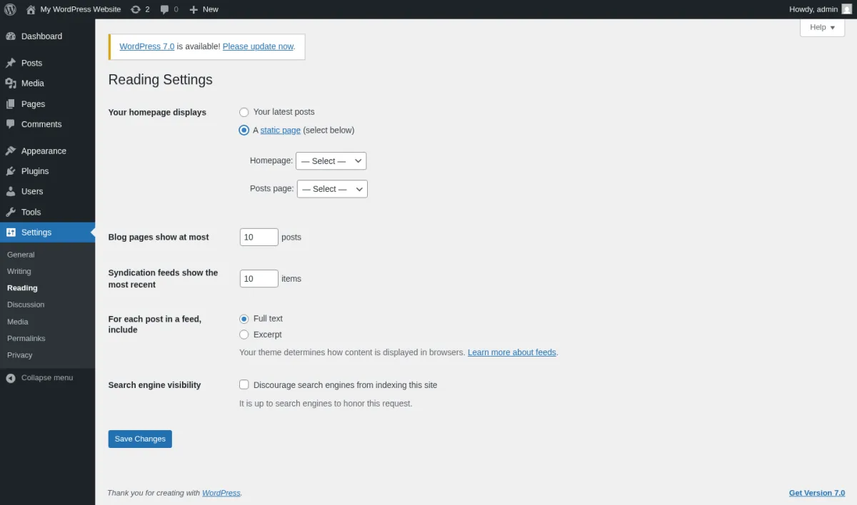 WordPress Reading Settings with A static page radio selected and Homepage and Posts page dropdowns available for selection.