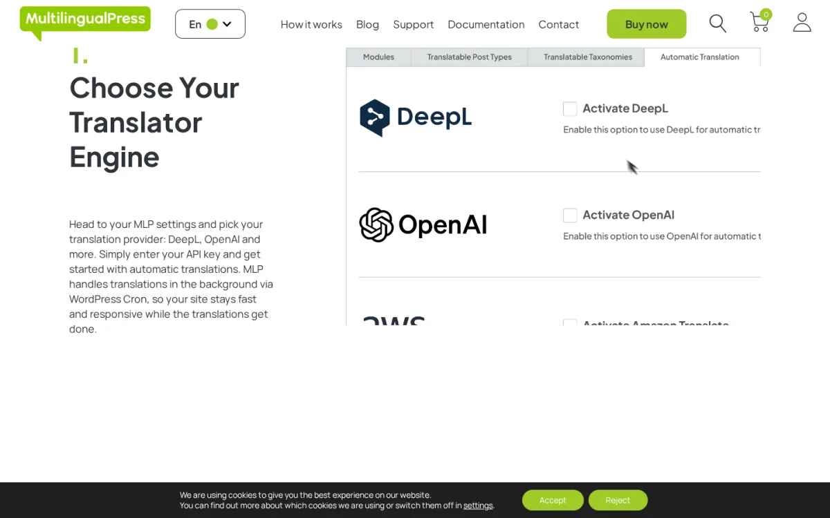 MultilingualPress 5 vendor product page showing the Choose Your Translator Engine feature section with the body copy Head to your MLP settings and pick your translation provider: DeepL, OpenAI and more. Simply enter your API key and get started with automatic translations. MLP handles translations in the background via WordPress Cron so your site stays fast and responsive while the translations get done. On the right of the page the product preview shows the inner tab strip (Modules, Translatable Post Types, Translatable Taxonomies, Automatic Translation selected) and the engine rows for DeepL with an Activate DeepL toggle, OpenAI with an Activate OpenAI toggle, and AWS with the Activate Amazon Translate toggle starting to scroll into view.