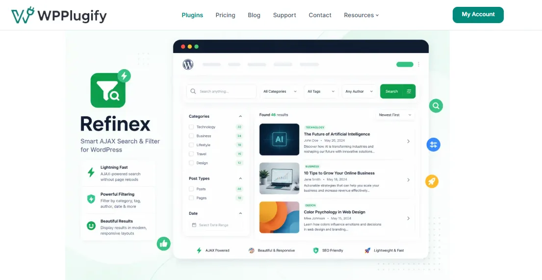Refinex WordPress filter plugin admin settings screen showing the shortcode generator and Gutenberg block options