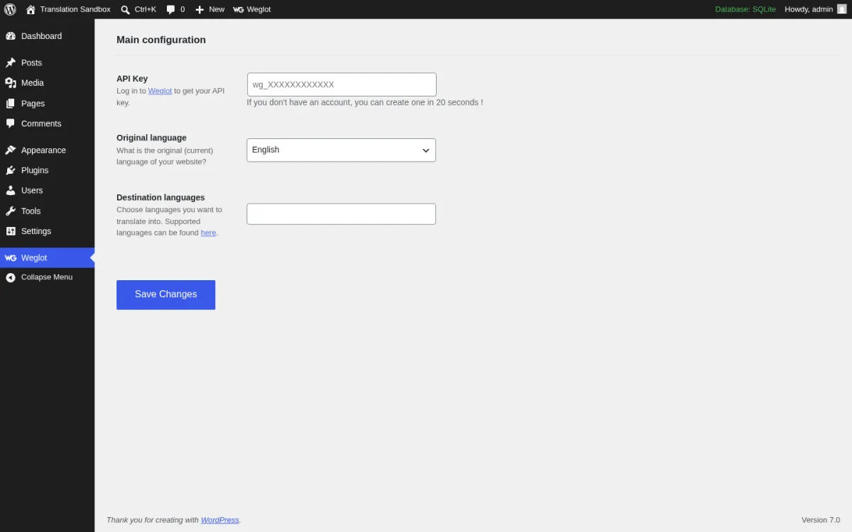 Weglot 5.5 Main configuration admin page inside a real WordPress 7.0 install showing the API Key input field with the wg_XXXXXXXXXXXX placeholder and the Log in to Weglot to get your API key helper text, the Original language drop-down set to English with the helper question What is the original (current) language of your website, the Destination languages free-text input field with the helper Choose languages you want to translate into. Supported languages can be found here, the Save Changes button, the WG Weglot sidebar item in the left admin menu, and the Weglot logo in the WordPress admin top bar.