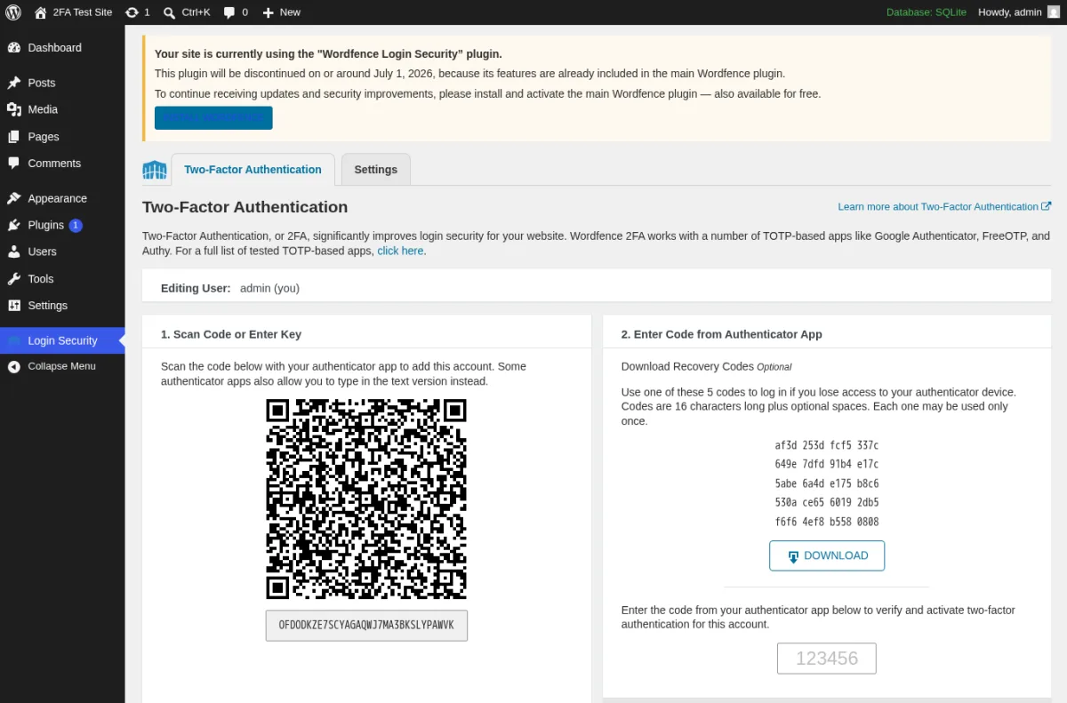 Wordfence Login Security 2FA setup page in WordPress admin showing the standalone-plugin discontinuation notice at the top, the Two-Factor Authentication QR code panel on the left, and the Download Recovery Codes panel with five backup codes on the right