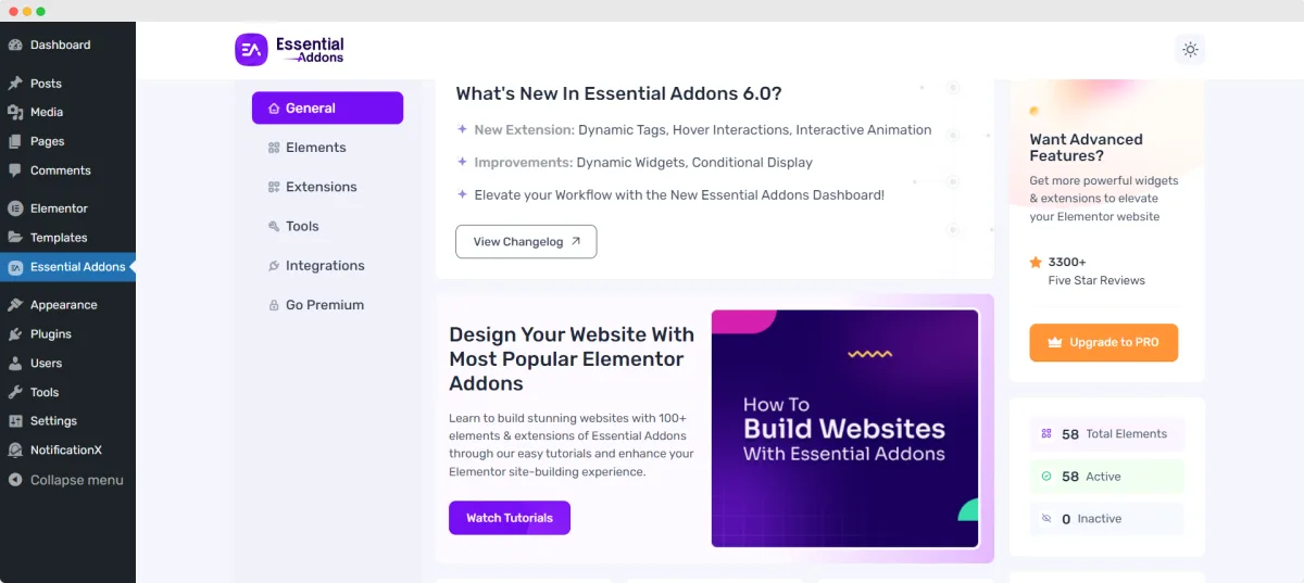 Essential Addons for Elementor widget library overview inside the Elementor editor sidebar, with widgets grouped by category