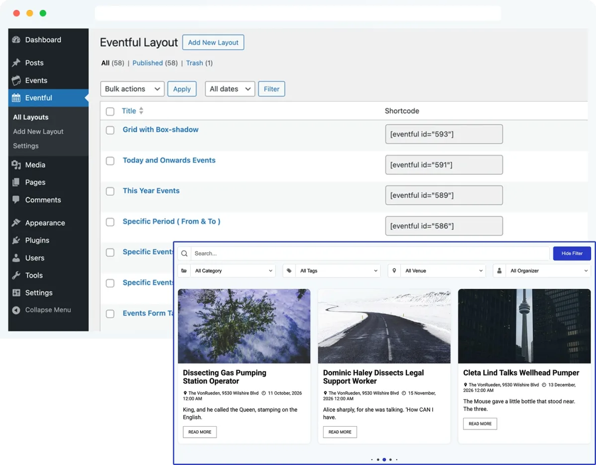 Eventful layout picker and generated event showcase for The Events Calendar