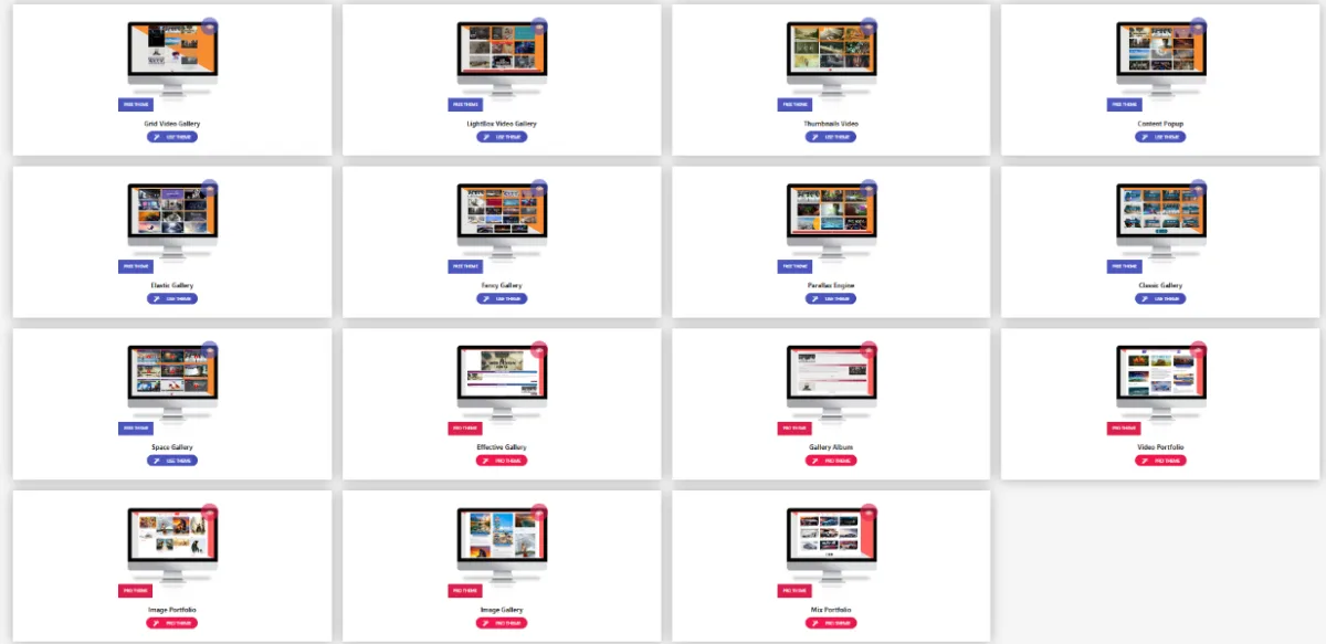 Total Soft Video Gallery theme picker showing 16 ready-made gallery themes (Grid, Lightbox, Thumbnails, Content Popup, Elastic, Fancy, Parallax, Classic, Space, Album, Video Portfolio, Image Portfolio, Image Gallery, Mix Portfolio) that ship with the free and pro versions