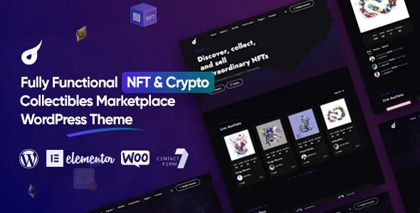 Netstorm WordPress theme preview banner showing the live-auction NFT marketplace demo with bidding timers, explore filters, and featured drops