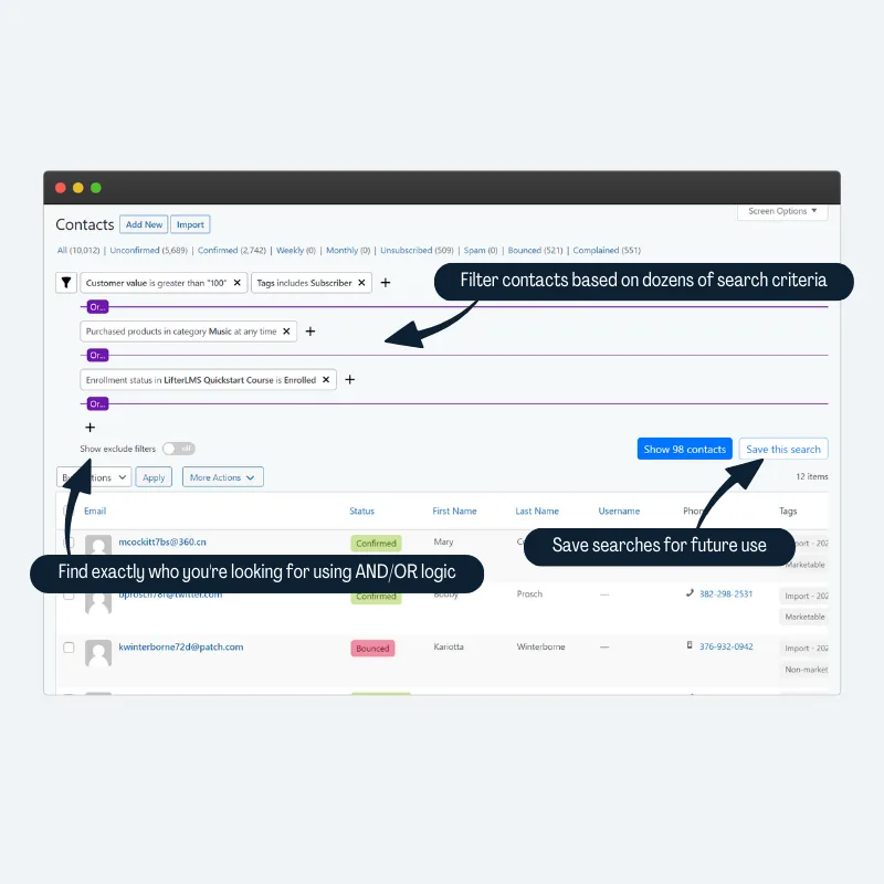 Groundhogg contact filtering screen inside the WordPress admin showing segmentation options by tag and activity