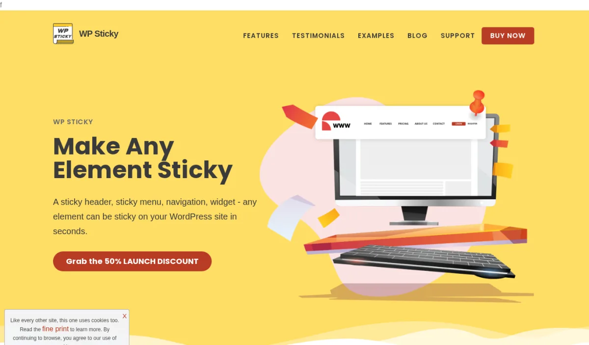 WP Sticky homepage showing the Make Any Element Sticky hero and the launch-discount CTA