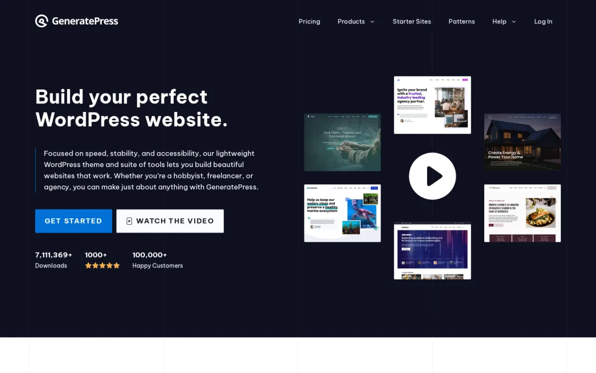 GeneratePress vendor homepage hero showing the 