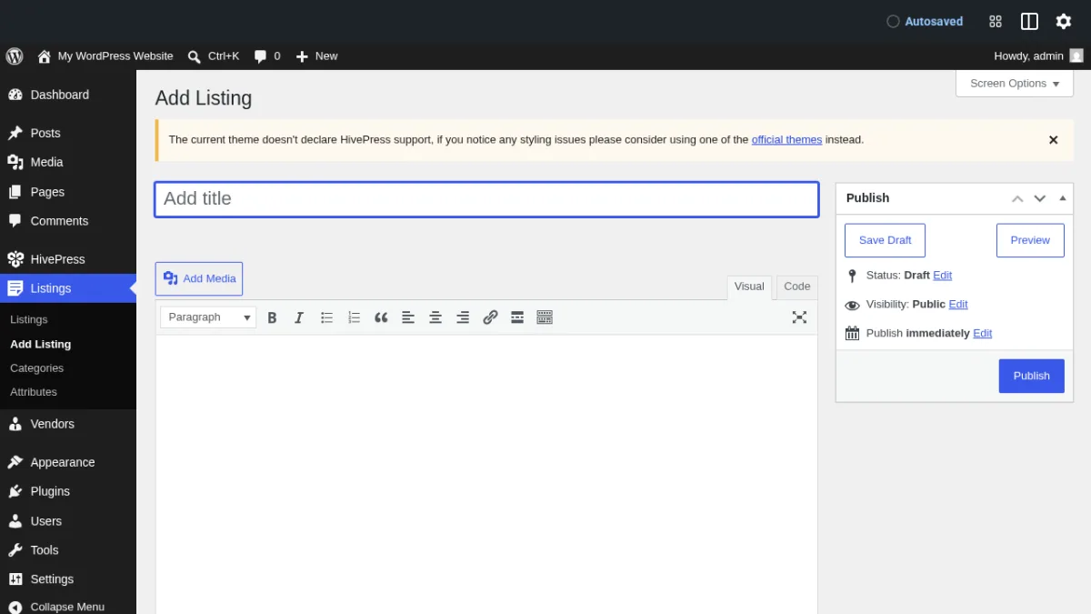WordPress admin Add Listing screen for HivePress showing title and content fields alongside HivePress-specific panels for Vendor assignment, Verified status, Featured flag, Expiration Date, and Images