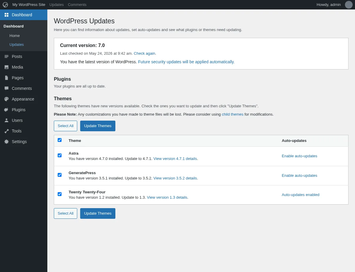 WordPress 7.0 Dashboard > Updates screen with the Themes section, theme checkboxes, and the Update Themes button