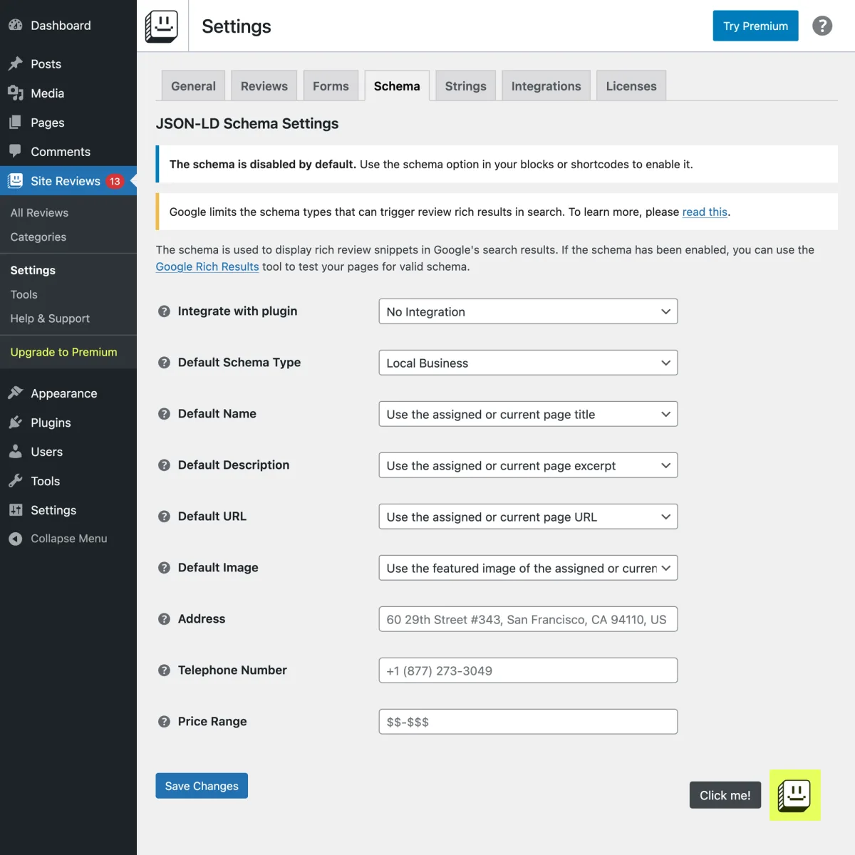 Site Reviews JSON-LD Schema Settings panel in the WordPress admin showing the Schema tab, Default Schema Type dropdown set to Local Business, and fields for name, description, URL, image, address, and phone number