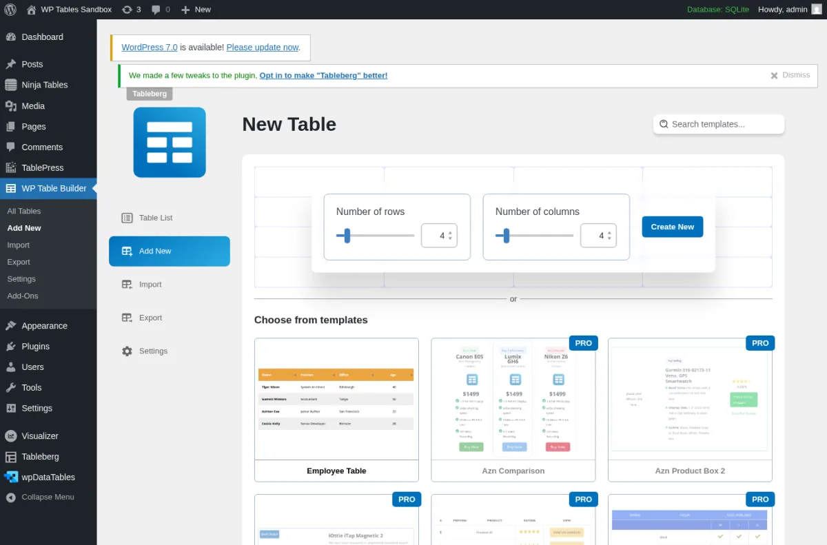 WP Table Builder New Table screen inside a real WordPress install showing the Number of rows and Number of columns sliders both set to 4, the blue Create New button, and the Choose from templates gallery with the free Employee Table and the PRO-badged Camera EOS, Azn Comparison Lyxite Link, Nikon Z6, and Azn Product Box 2 templates