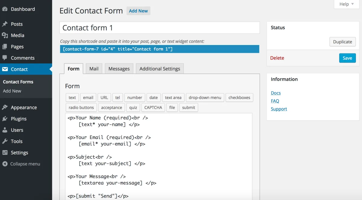 Contact Form 7 shortcode-style editor in WordPress admin showing the default Contact form 1 markup with text, email, subject and textarea tags