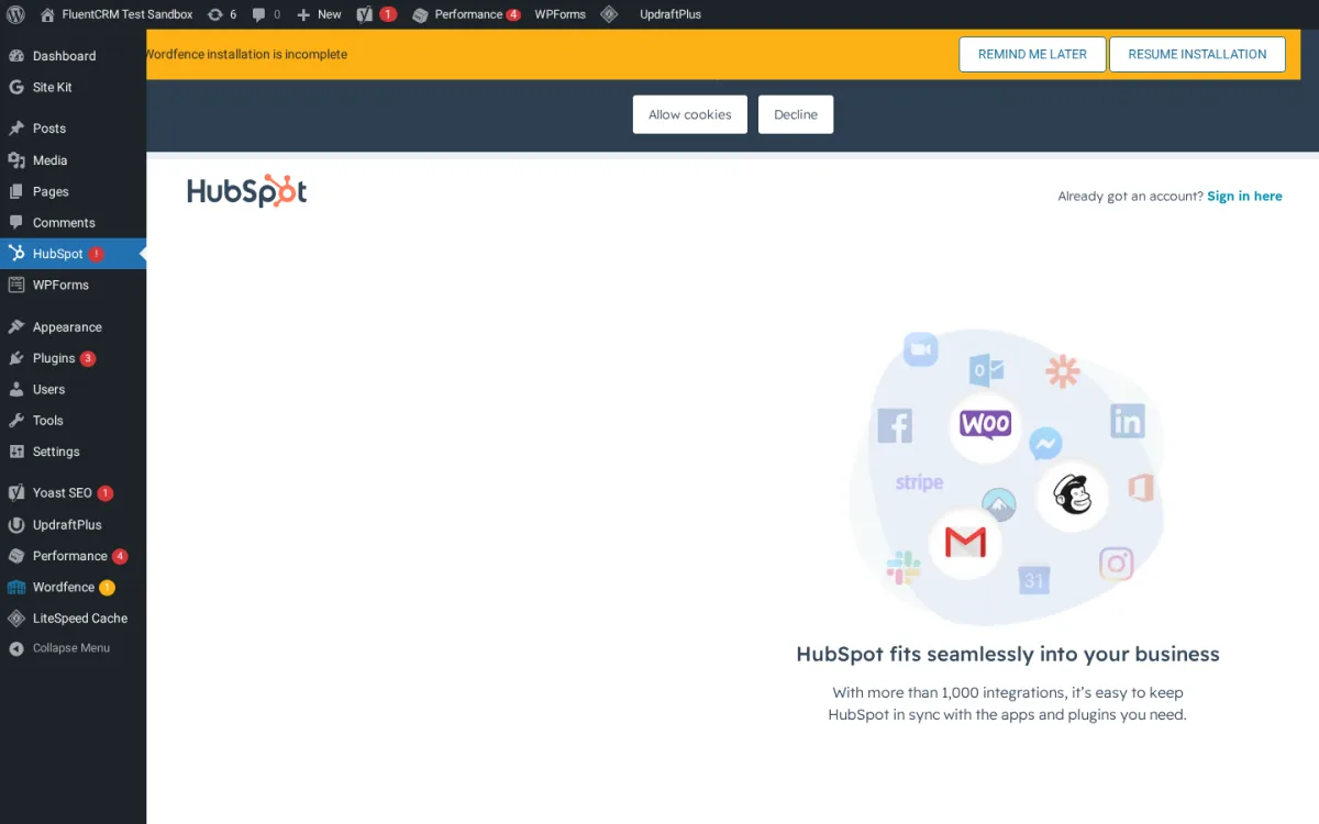 HubSpot All-In-One Marketing plugin sign-in screen inside WordPress admin showing the HubSpot logo, sign-in link, and the integrations bubble graphic.
