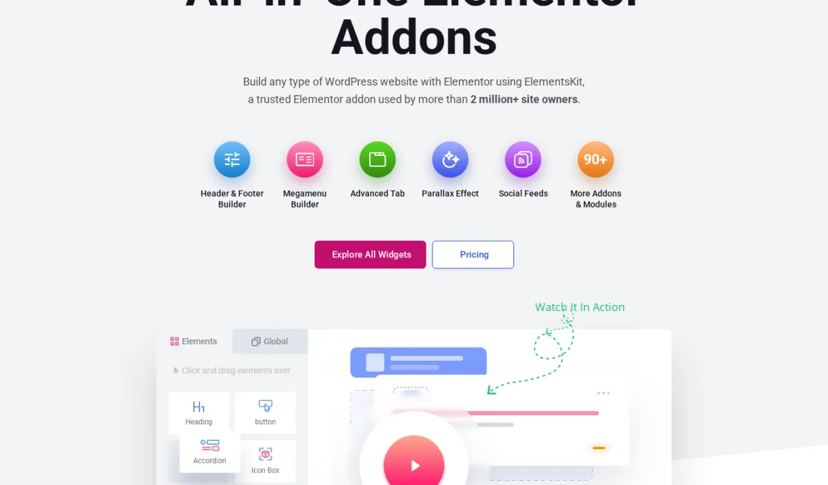 ElementsKit homepage showing Header and Footer Builder and Megamenu Builder among the headline modules