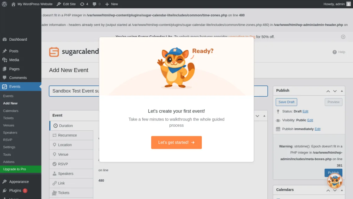 Sugar Calendar event management screen
