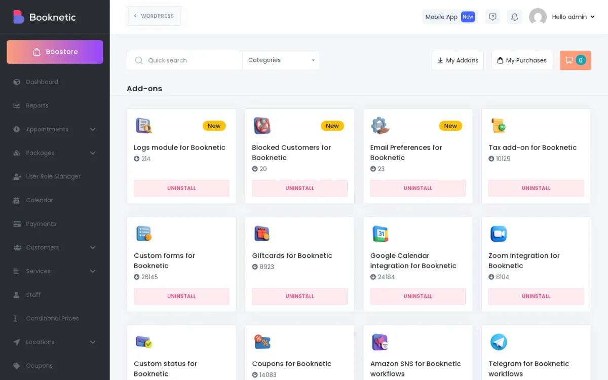 Booknetic Boostore marketplace inside the admin panel