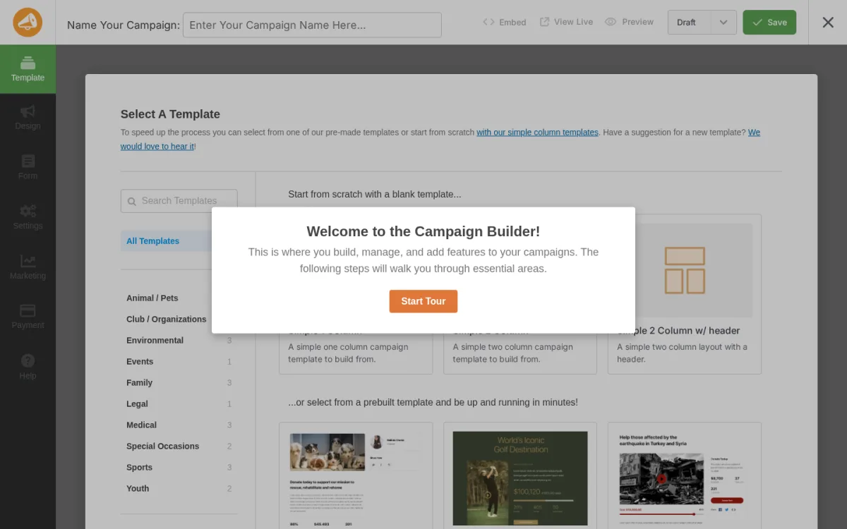 Charitable campaign builder screen with fields for goal amount, end date, and campaign description