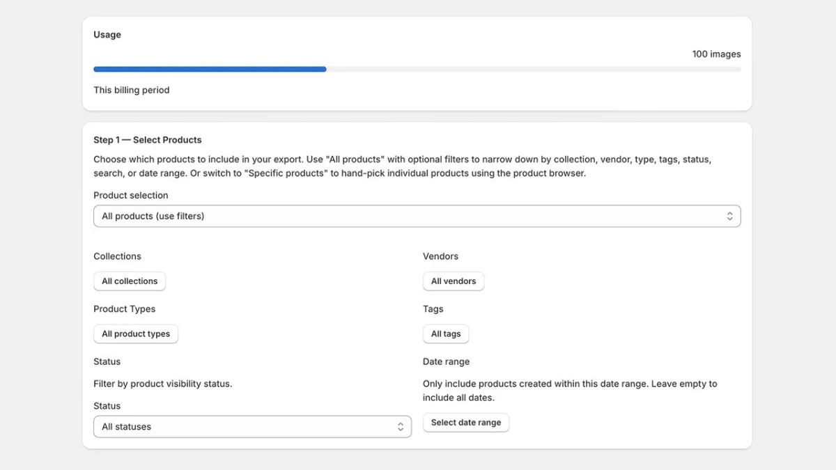 Vast Export Product Images showing step-by-step export workflow with filter options and ZIP email delivery