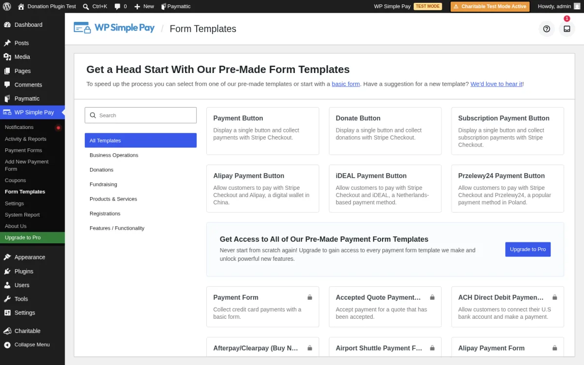 WP Simple Pay form template library showing donation and payment form starter templates
