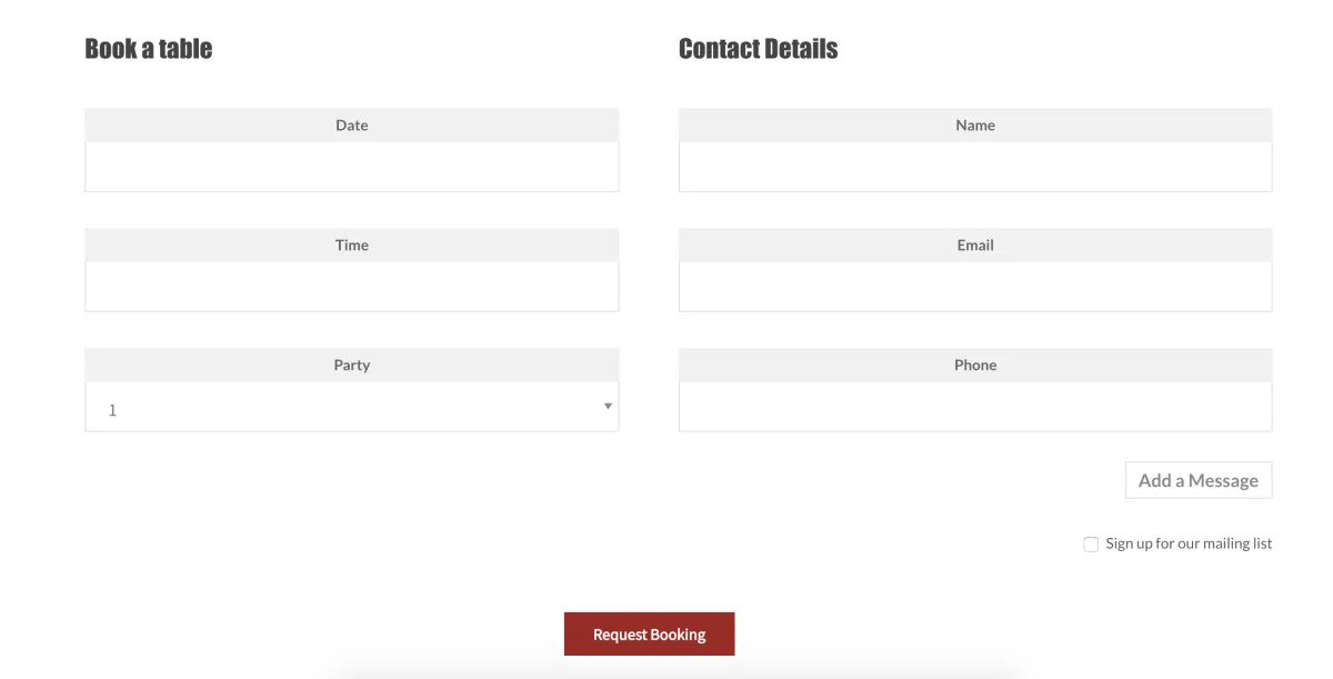 Five Star Restaurant Reservations frontend Book a table form with Date, Time and Party size fields plus Name, Email and Phone contact details, a Sign up for our mailing list checkbox and a Request Booking button