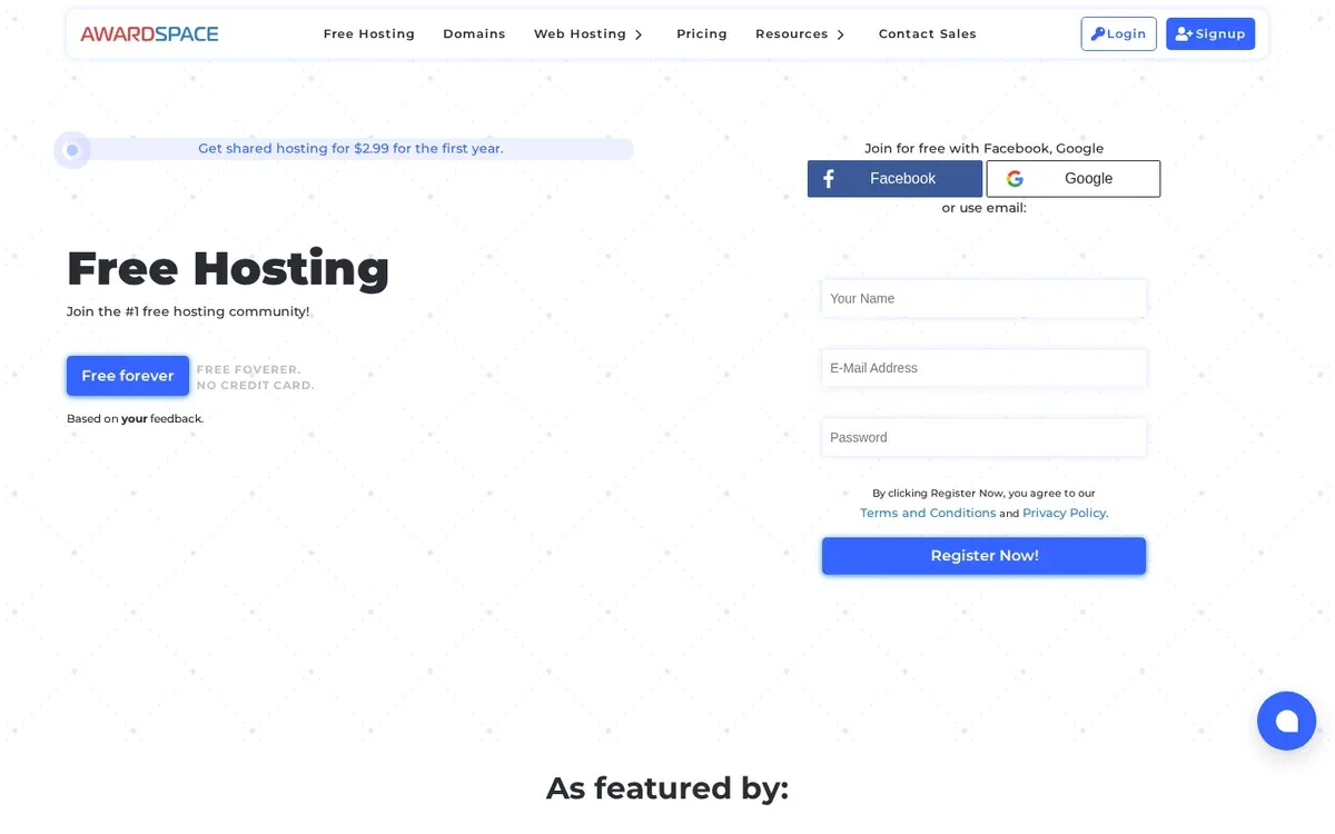 AwardSpace Free Hosting page promoting free forever hosting with no credit card and a quick email or social signup form.