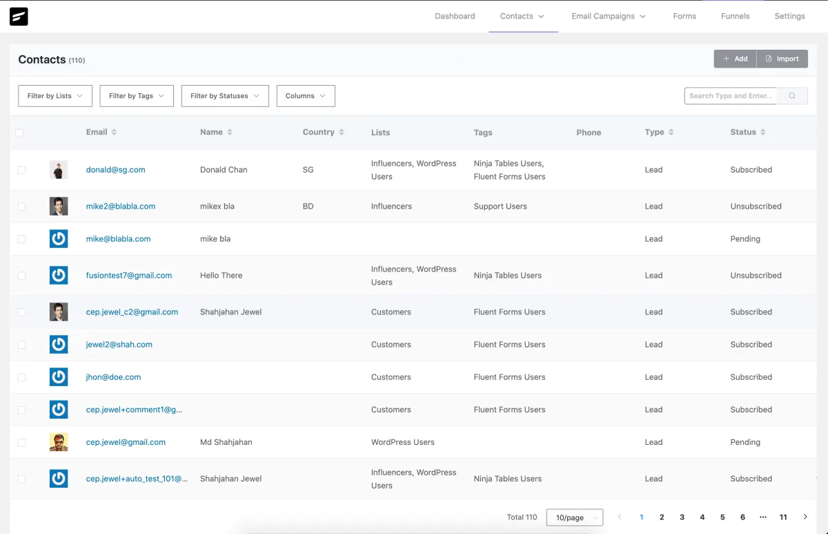 FluentCRM contact list screen inside the WordPress admin showing contact names, tags, and status