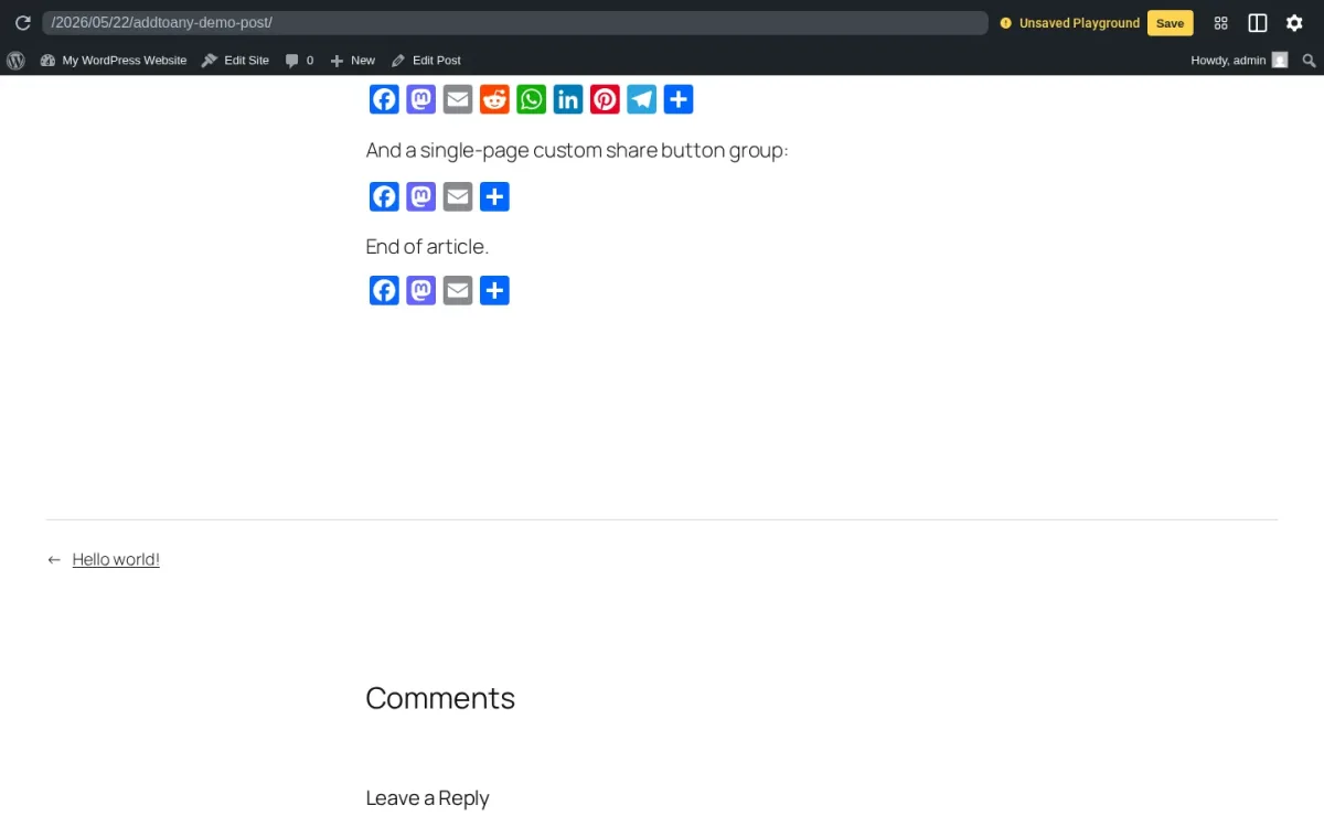 Frontend rendering of AddToAny Share Buttons on a WordPress post showing branded share icons and a universal plus menu