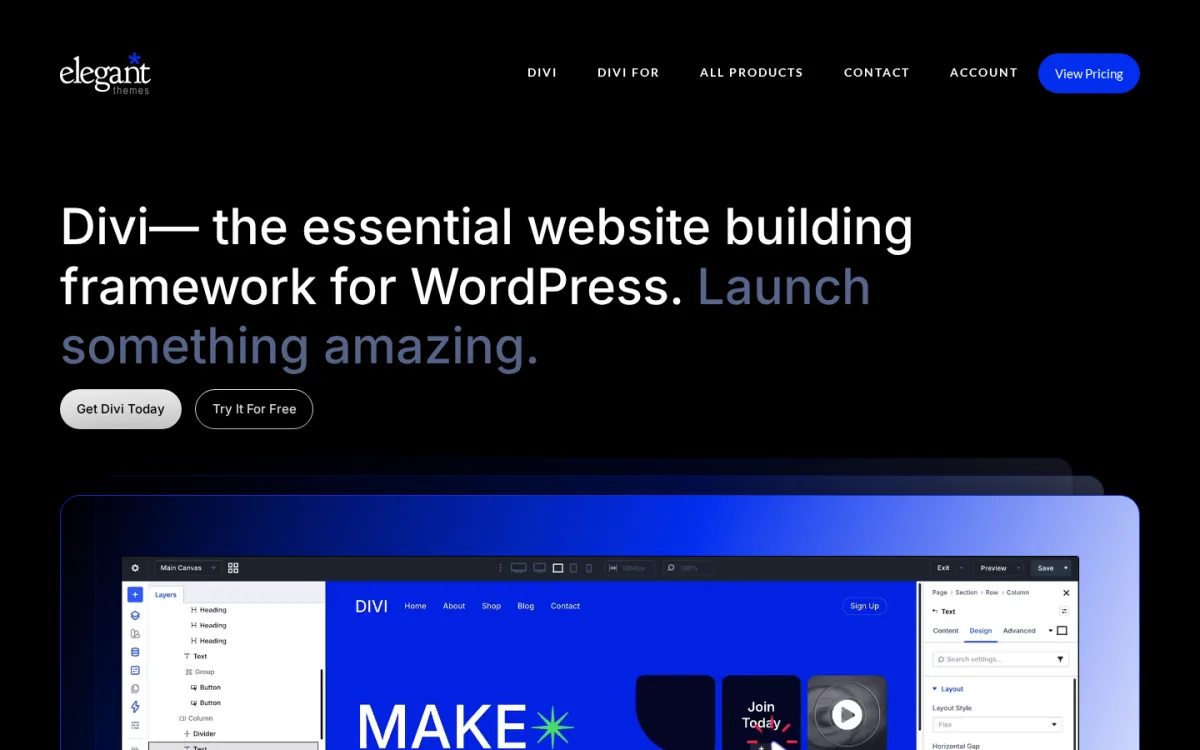 Divi by Elegant Themes WordPress page builder product page in 2026