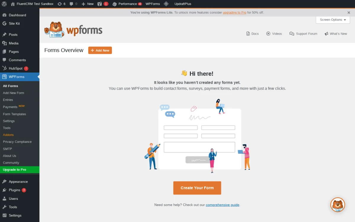 WPForms Lite Forms Overview screen in WordPress admin showing the Add New form button and the Create Your Form call-to-action.