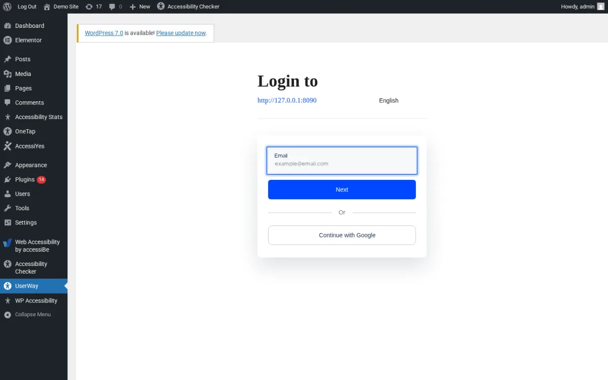 UserWay plugin Login screen rendered inside the WordPress admin, showing the WordPress 7.0 update notice, the Email field, the Next button, and the Continue with Google option, demonstrating that the plugin is a connector for the UserWay SaaS account